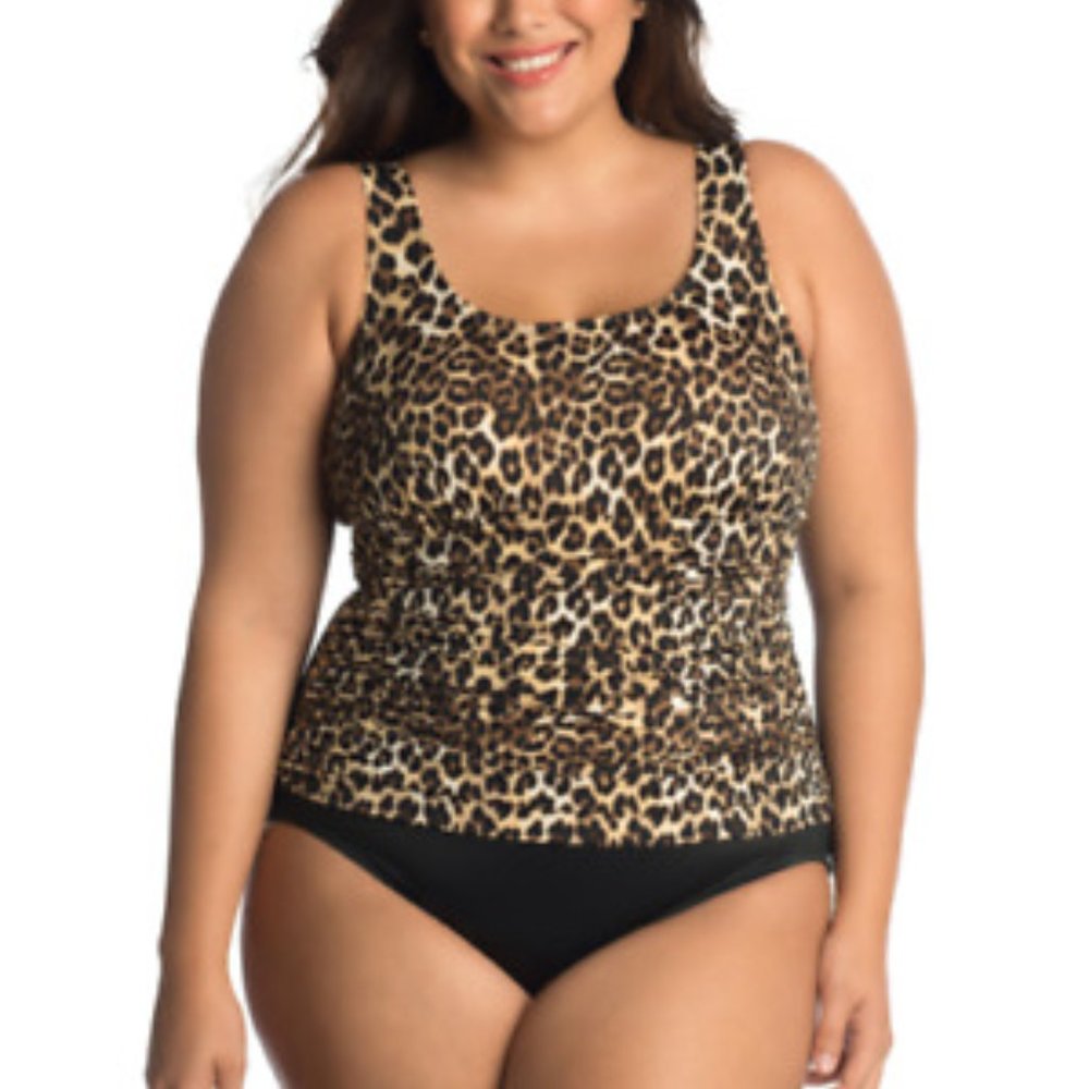 NWT Trimshaper by Miraclesuit Leopard Black Color Block One-piece Swimsuit 22W